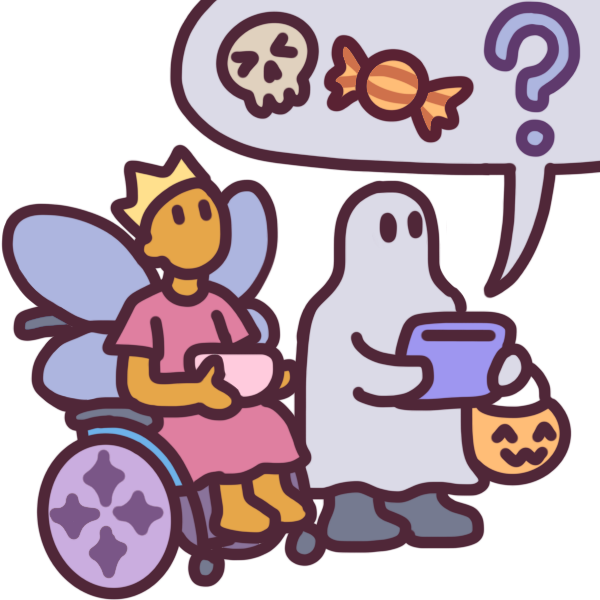 two kids dressed up. One is a pink fairy with a decorated wheelchair and the other is a ghost with a purple AAC tablet. The ghost kid asks, “trick or treat?” shown with a skull and a candy